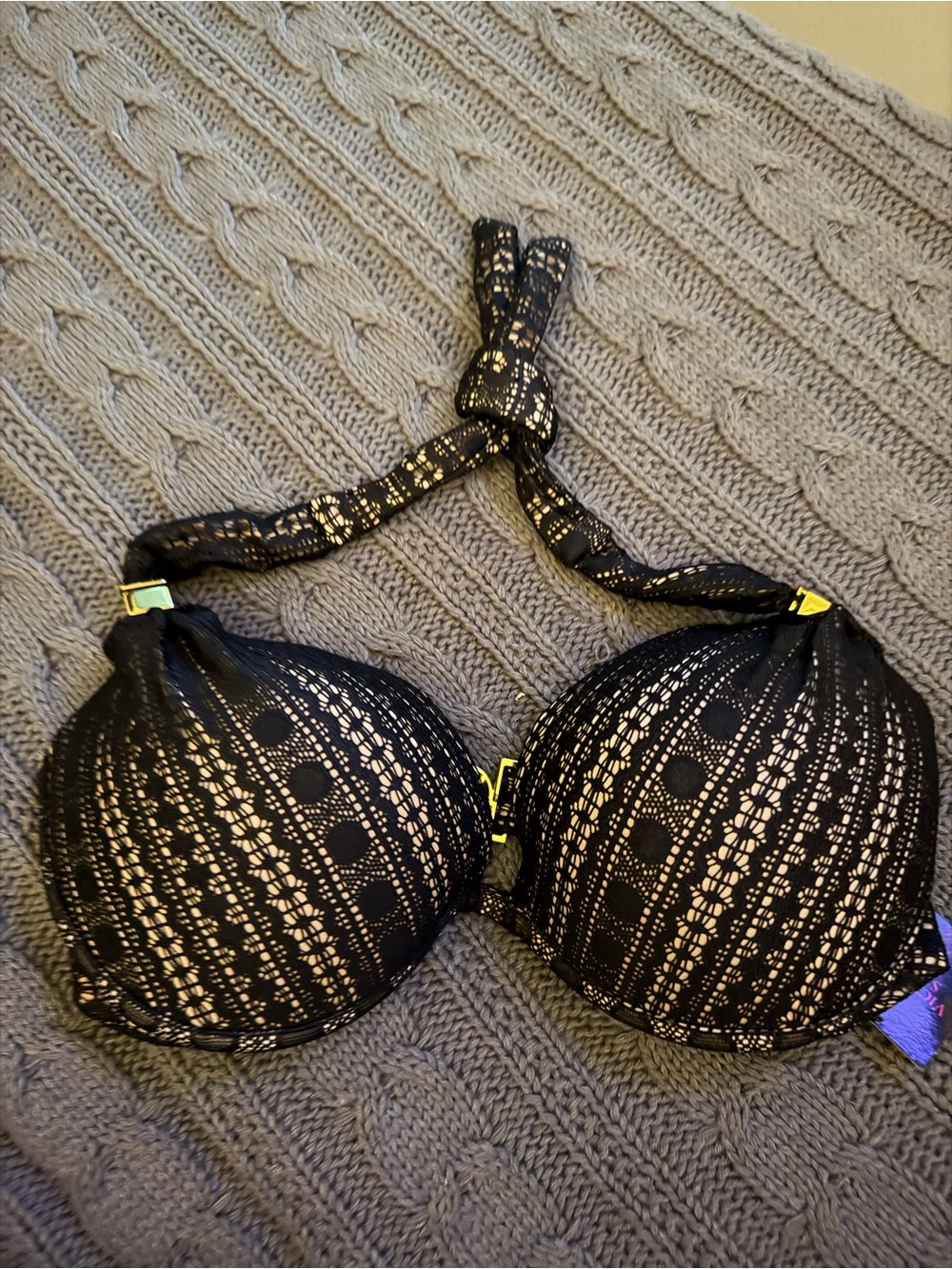 Victoria's Secret Black Crochet Lace Halter Push-Up Bikini top with Underwire